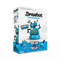 Drawbot toy packaging with robot illustration on a white background