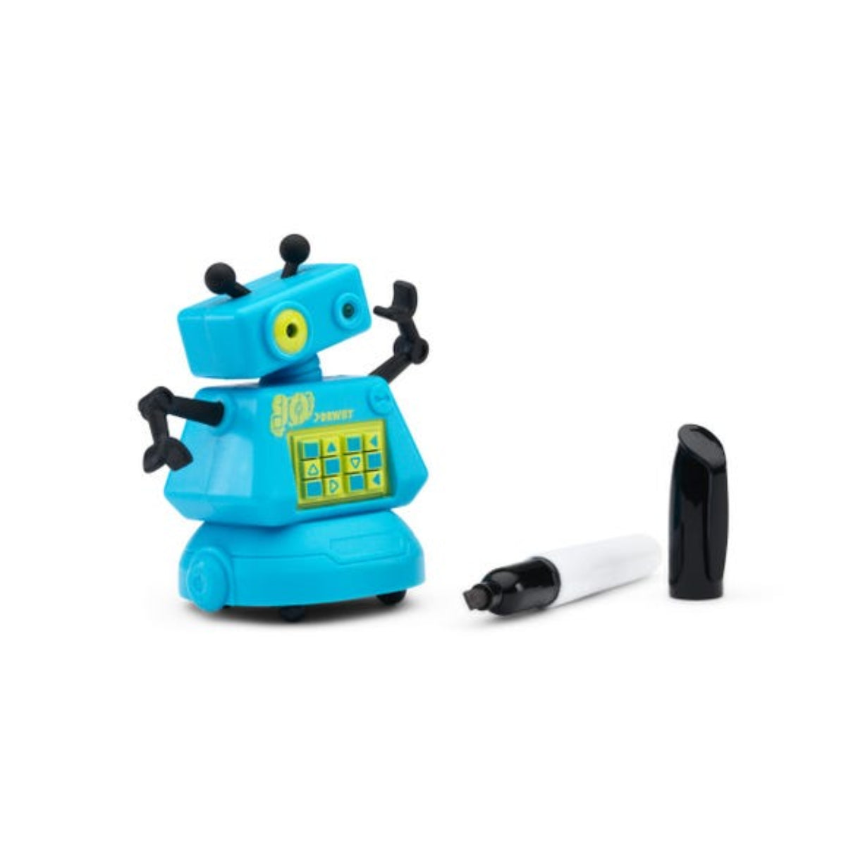 Toy robot with a marker on a white background