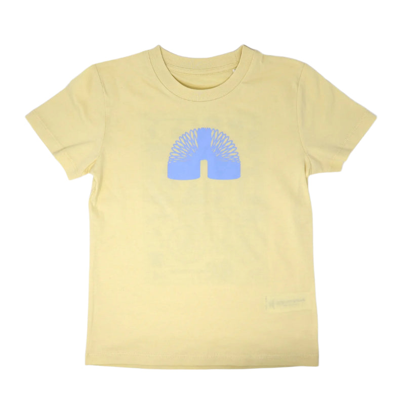 A pastel yellow kids short sleeved t-shirt featuring a minimalistic monochrome image of a pastel blue slinky toy.