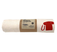 A rolled up ecru t-shirt featuring a small minimalistic image of a red cradle phone and a cardboard belly band.