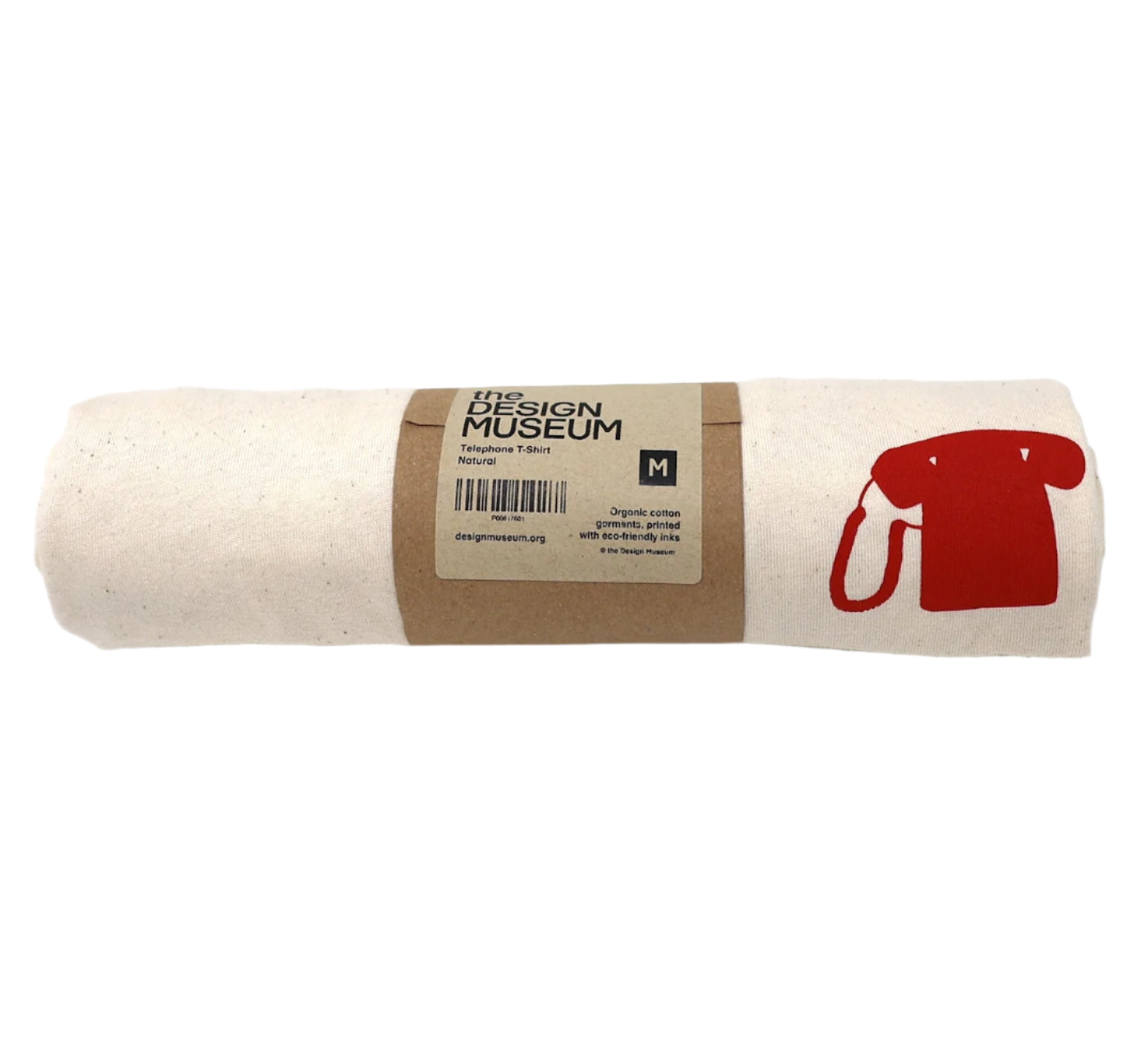 A rolled up ecru t-shirt featuring a small minimalistic image of a red cradle phone and a cardboard belly band.