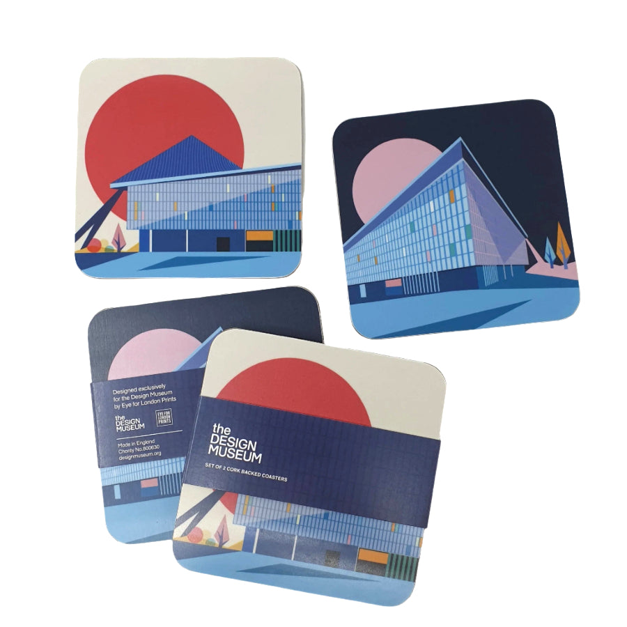 Two pairs of square coasters with cork backing and a colourful graphic design of the Design Museum