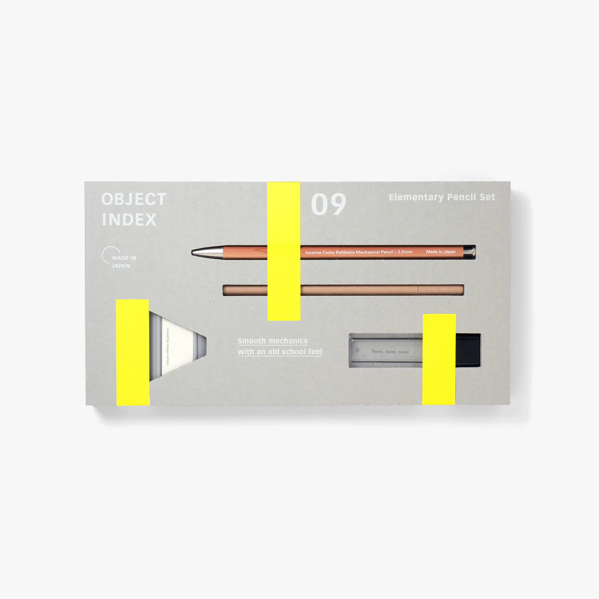 A mechanical pencil set in rectangular grey packaging with yellow accents