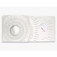 The inside of a book with white cut out circular pages and text.