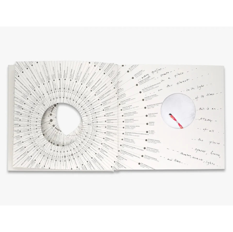 The inside of a book with white cut out circular pages and text.
