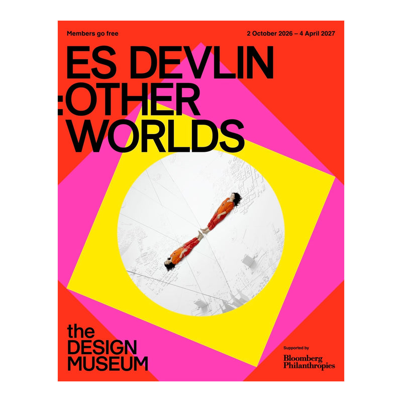 A poster-style graphic with the text 'ES DEVLIN OTHER WORLDS' and 'the DESIGN MUSEUM' on a bright geometric background in red, pink, yellow, and orange, with a central white oval containing a small figure.