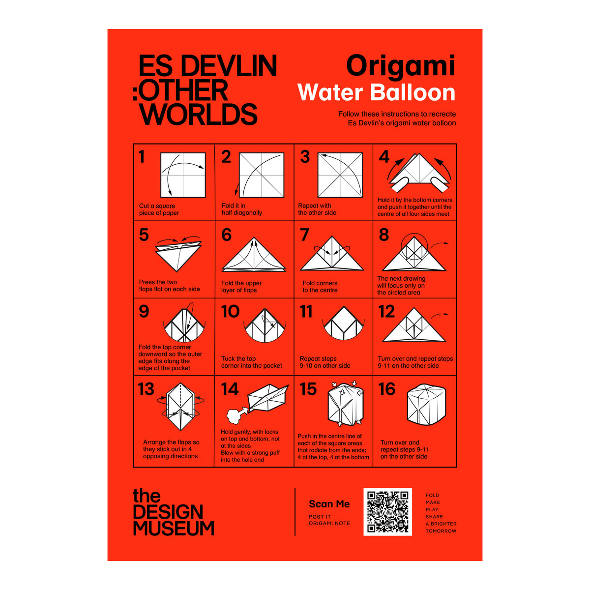 An origami poster instructions on a bright red background, with 16 numbered steps, the Design Museum logo, and a QR code.