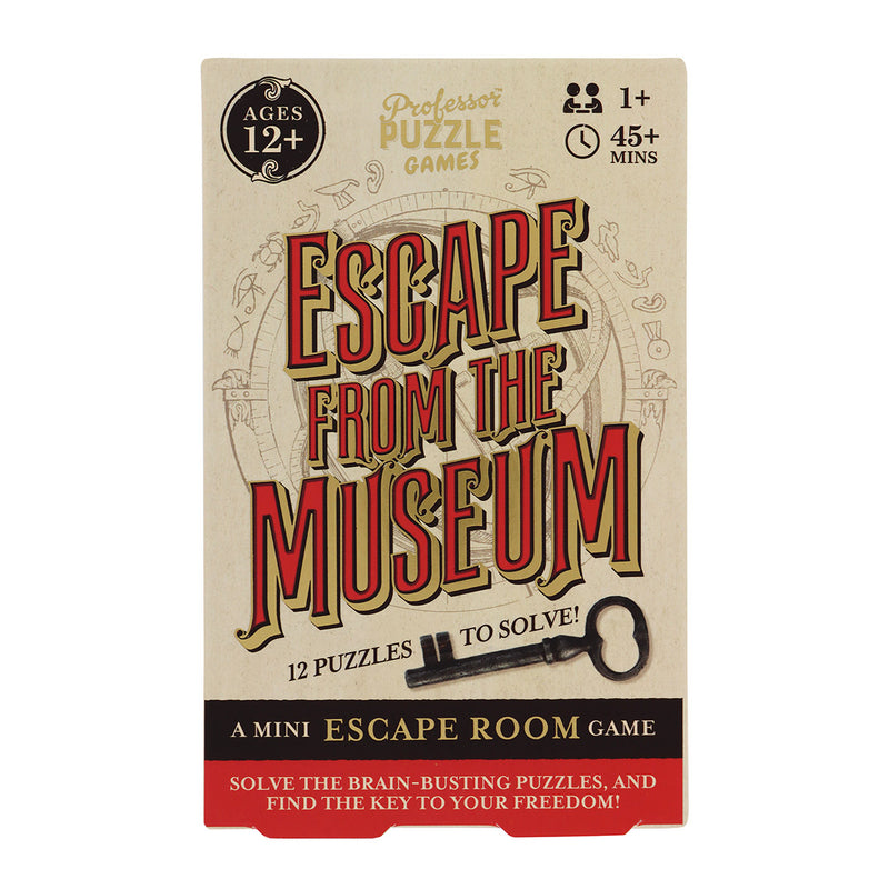 Front of a packaging box for 'Escape from the Museum' puzzle game with the title in red and gold font. 