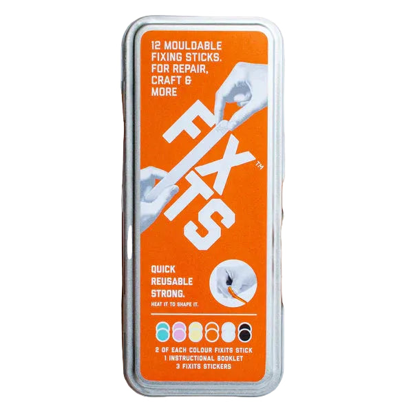 An orange tin of FIXITS mouldable fixing sticks against a white background