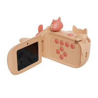 Pink and beige kids fox video camera with screen and buttons on a white background