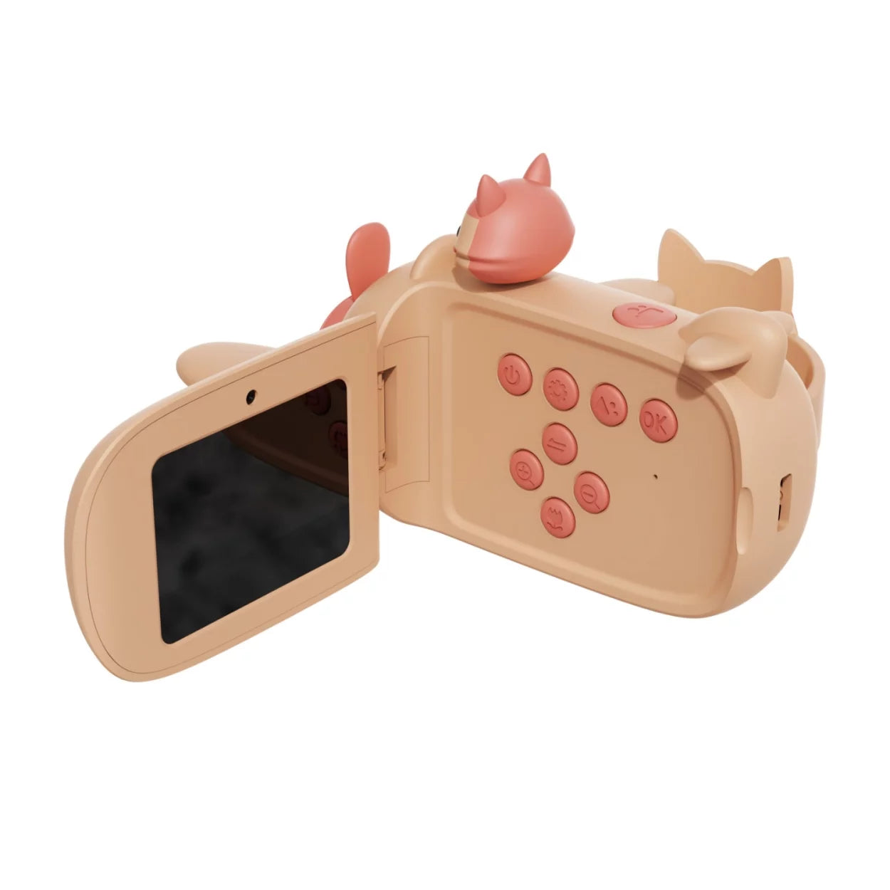 Pink and beige kids fox video camera with screen and buttons on a white background