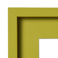 Corner of a green picture frame with 'pop-up' brand logo.