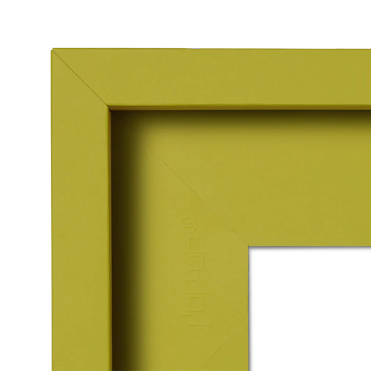 Corner of a green picture frame with 'pop-up' brand logo.