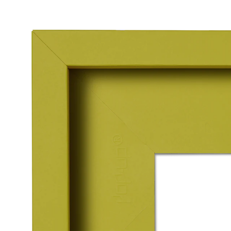 Corner of a green picture frame with 'pop-up' brand logo.