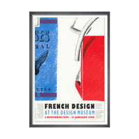 Framed archive exhibtion poster featuring an illustration of a packet of cigarettes from the French brand Gauloises with the French flag colours and the title of the exhibition.
