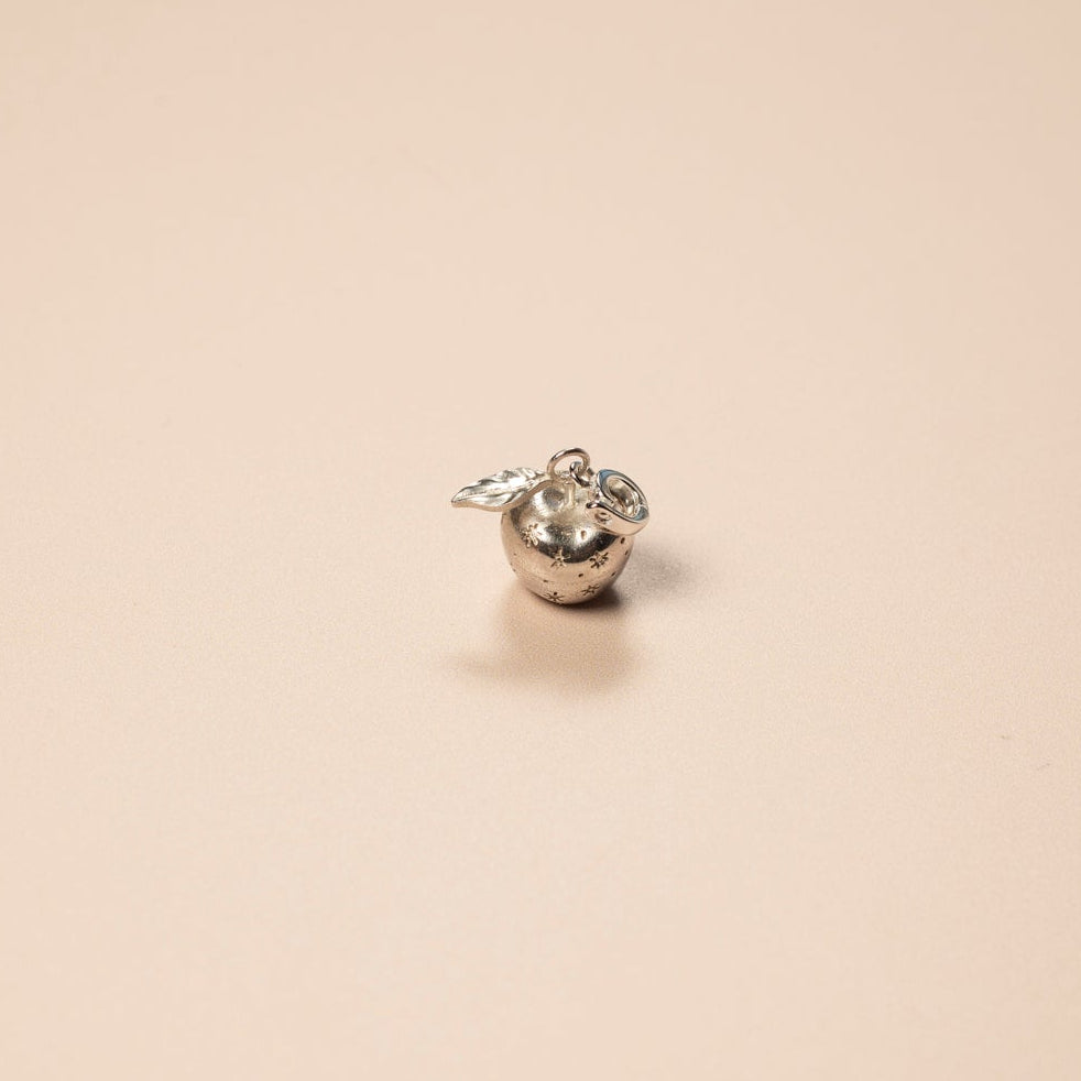 Small silver apple charm on a beige background