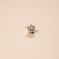 Small silver apple charm on a beige background
