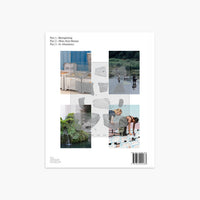 A square white art print or booklet cover centered on a light gray background, featuring a collage of small architectural and outdoor photographs with faint gray line drawings layered over them. Small text appears at the top left, and a barcode is visible at the bottom right.
