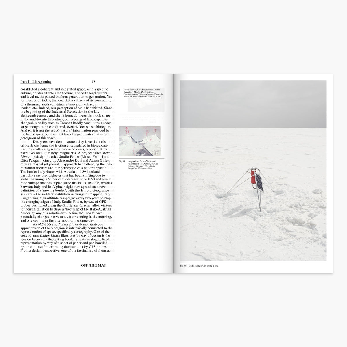 An open printed book or magazine spread laid flat on a light gray background. The left page contains black text and a small inset photo, while the right page shows a snowy outdoor scene with a person in red clothing standing in the snow.