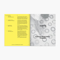 A two-page spread from a book, shown open against a light gray background. The left page is bright yellow with black text, and the right page is mostly white and gray with a photo of a person working with circular forms and the title 'A Future Observatory Forecast.