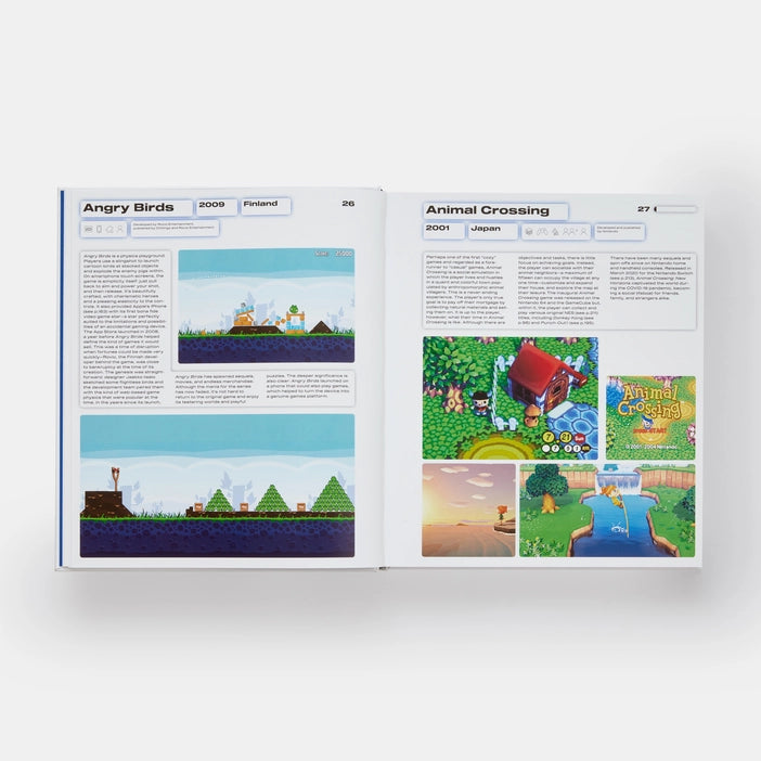 Open pages of Game Changers book featuring stills from Angry Birds and Animal Crossing games.