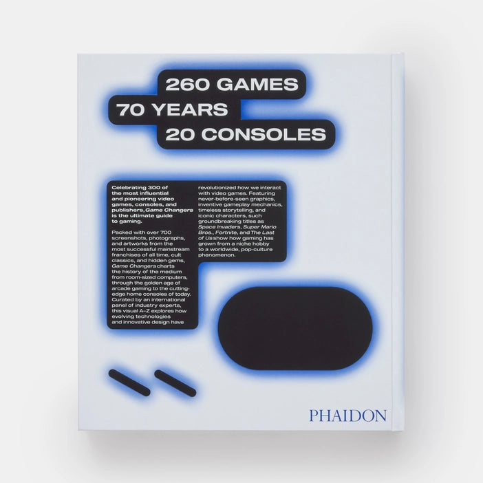 The back cover of Game Changers book with white text on black backgrounds with blue accents.