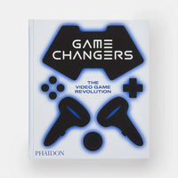 The cover of the book 'Game Changers: The Video Game Revolution' by David Buckel. The cover features black silhouettes of a game controller with blue accents on a white background.