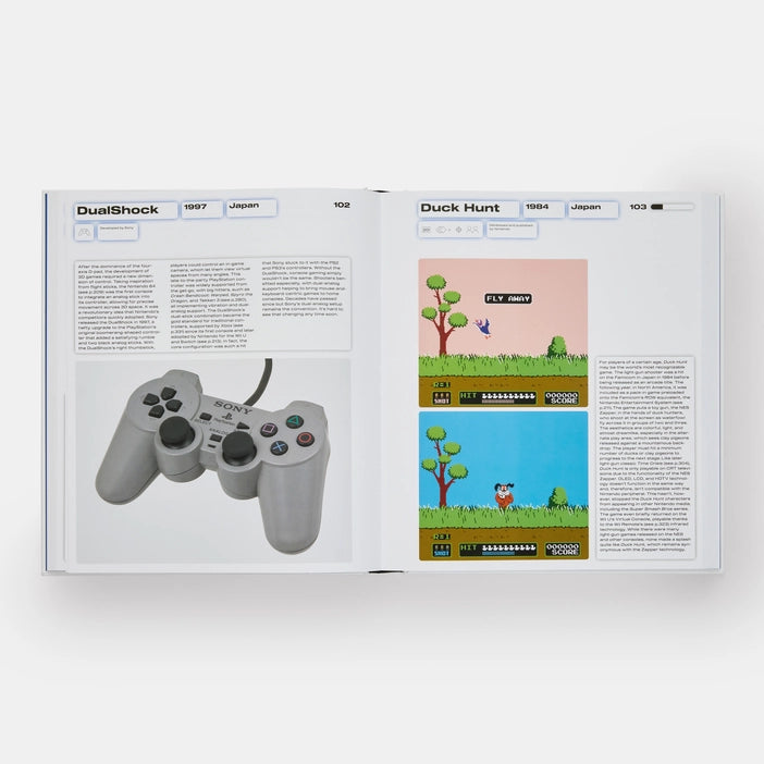 Open pages of Game Changers book featuring a photograph of a grey Sony game controller