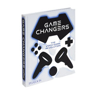 The cover of the book 'Game Changers: The Video Game Revolution' on an angle, featureing black silhouettes of a game controller with blue accents on a white background.
