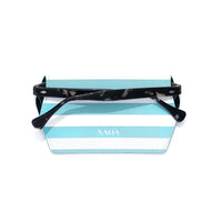 Blue and white striped glasses case with black glasses inside on a white background 