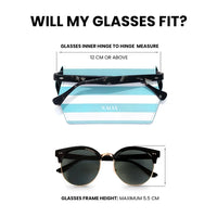 A sizing guide graphic for a blue and white striped sunglasses case showing measurements on a white background.