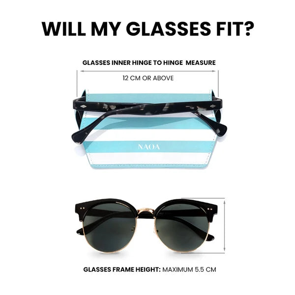 A sizing guide graphic for a blue and white striped sunglasses case showing measurements on a white background.