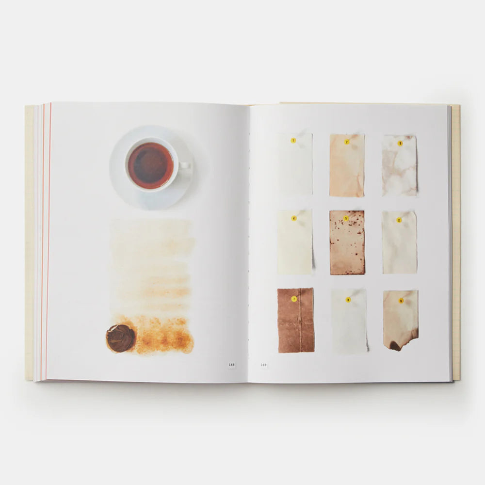 Open book showing a cup of tea and various pieces of paper on a white background
