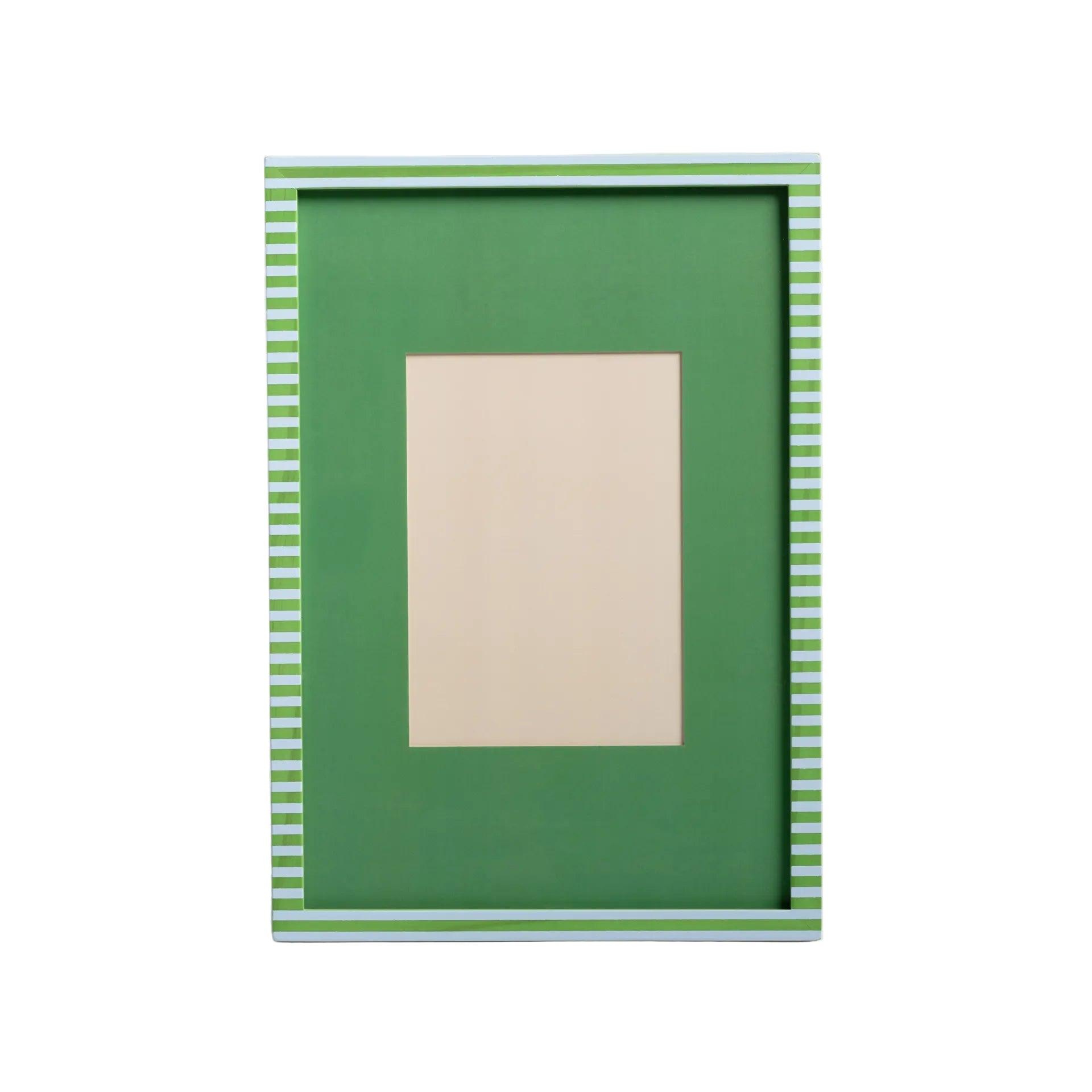 Green picture frame with white stripes on a light gray background