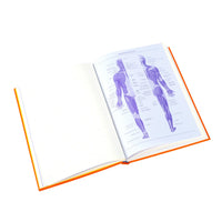 An open anatomical reference book with purple muscle diagrams on the right page and blank lined pages on the left, bound with a bright orange cover, shown on a white background.