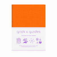 An orange notebook with a white lower cover section featuring the title ' grids & guides' in purple and small purple icons and text about blank graph paper and scientific resources.