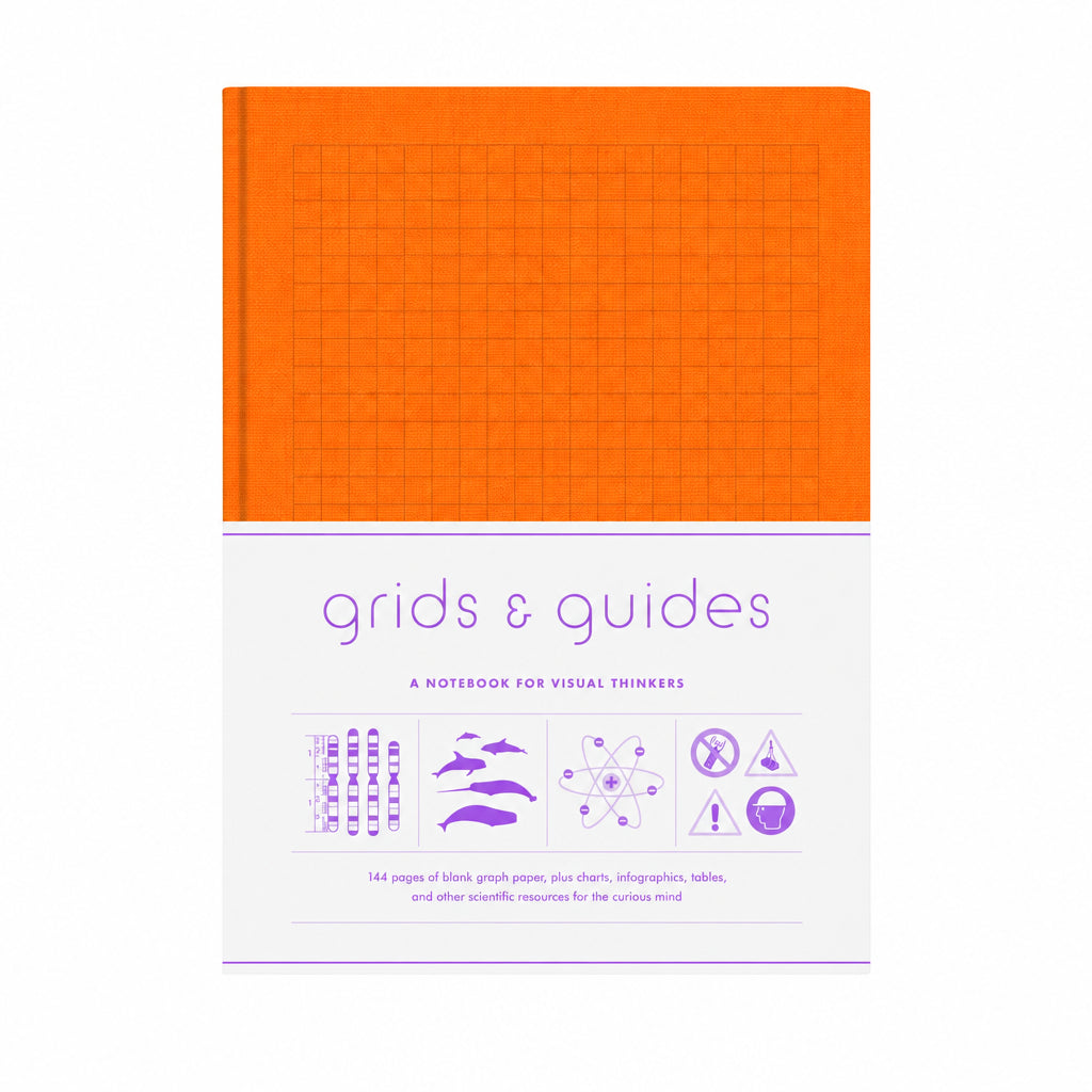 An orange notebook with a white lower cover section featuring the title ' grids & guides' in purple and small purple icons and text about blank graph paper and scientific resources.