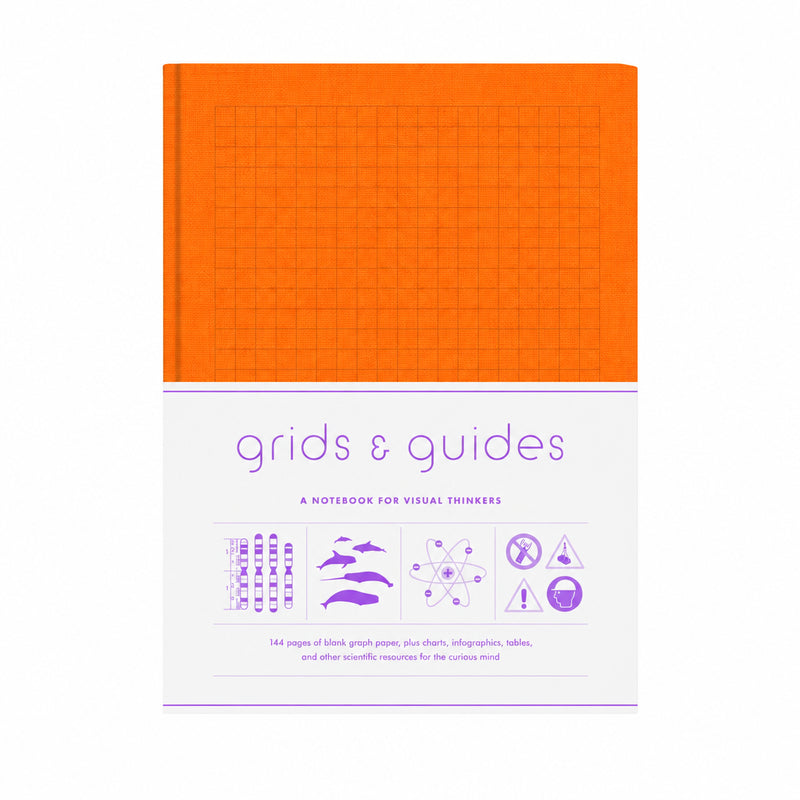 An orange notebook with a white lower cover section featuring the title ' grids & guides' in purple and small purple icons and text about blank graph paper and scientific resources.
