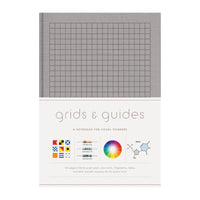 A notebook with a grey grid pattern cover, titled 'Grids & Guides: A Notebook for Visual Thinkers'.