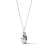 Silver grenade-shaped pendant on a chain against a white background