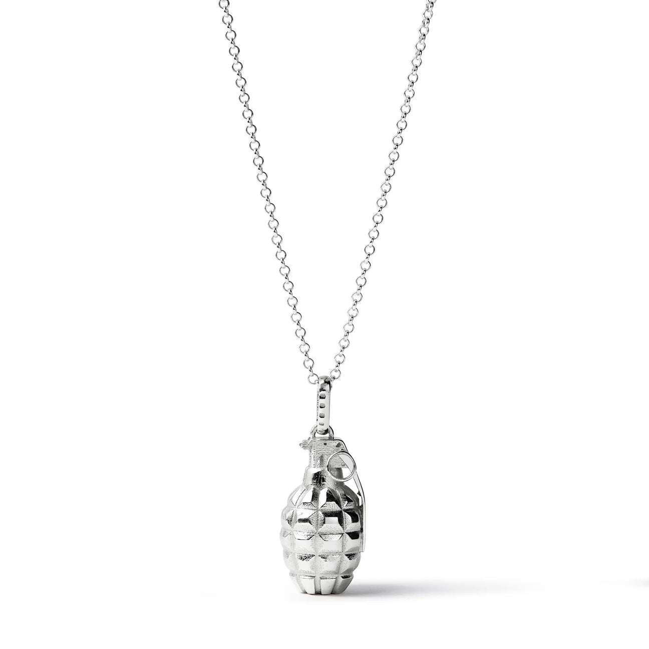 Silver grenade-shaped pendant on a chain against a white background