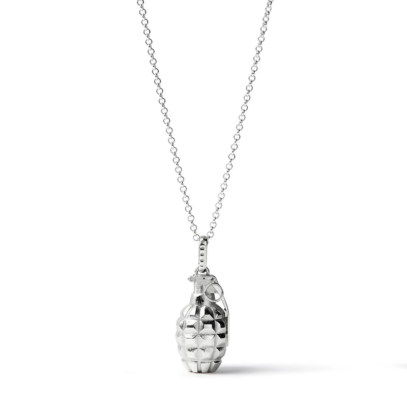 Silver grenade-shaped pendant on a chain against a white background
