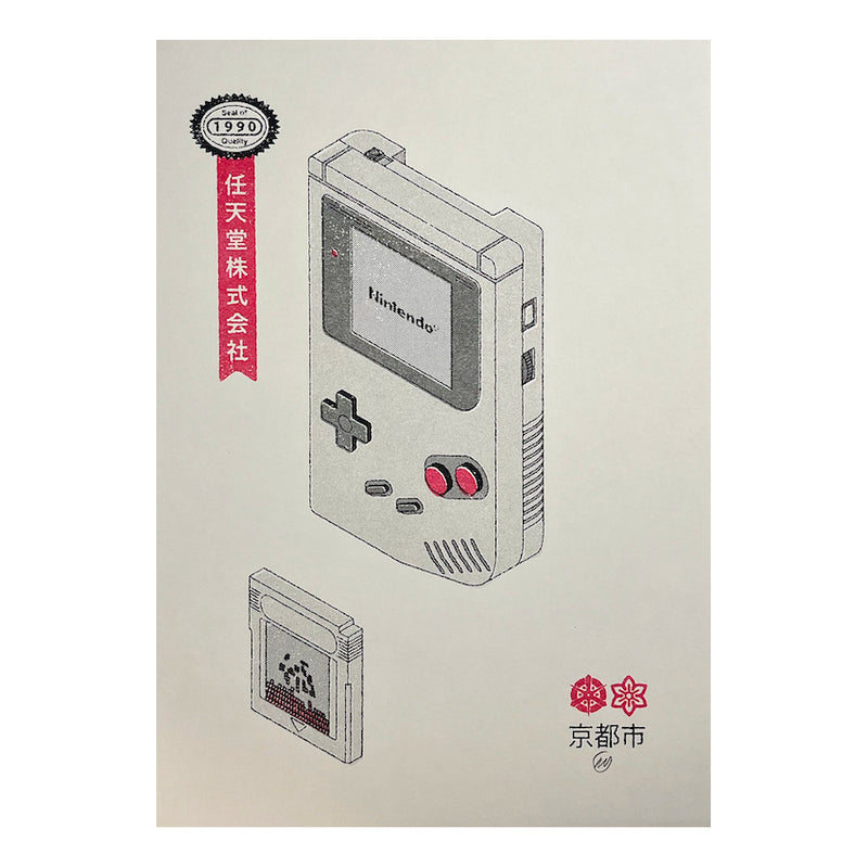 A vintage Japanese inspired poster featuring a Gameboy console and its cartridges, printed in grayscale with red accents.