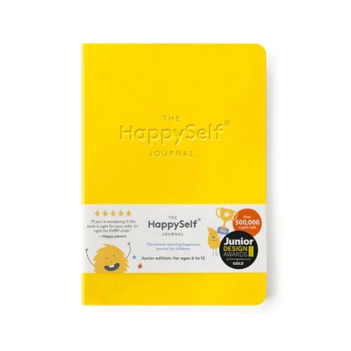 Bright yellow front cover of the Happy Self Journal on a white background.
