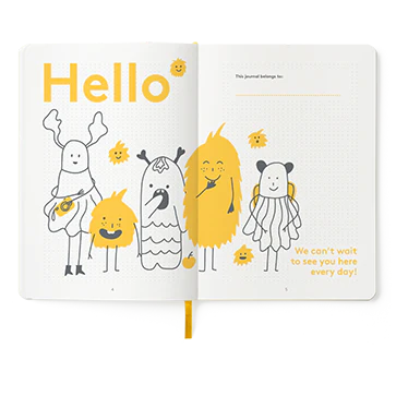 Inside page of Happy Self Journal with illustrations of characters and yellow text on a white background.