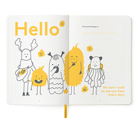 Inside page of Happy Self Journal with illustrations of characters and yellow text on a white background.