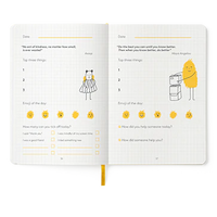 Inside page of Happy Self Journal with illustrations of characters and black text on a white background.