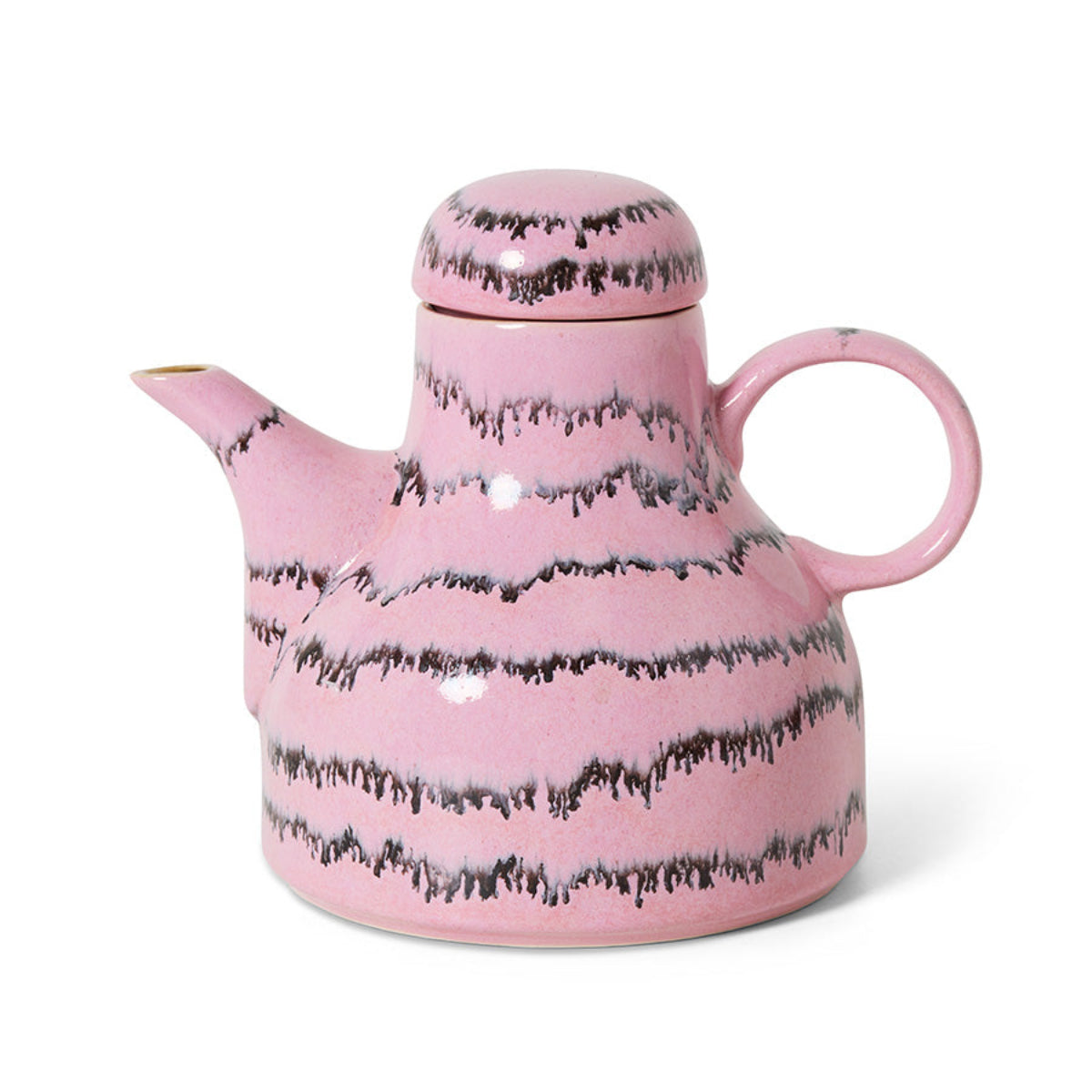 A pink and black abstract ceramic coffee pot on a white background.