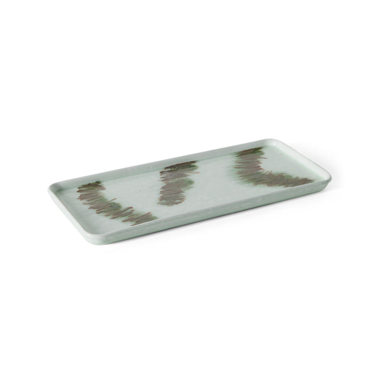 Light green rectangular ceramic tray with wavy brown pattern on a white background.
