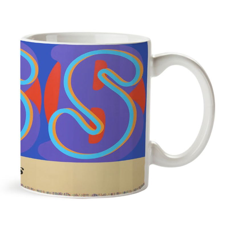 Abstract blue and purple Harland Miller mug on a white background 